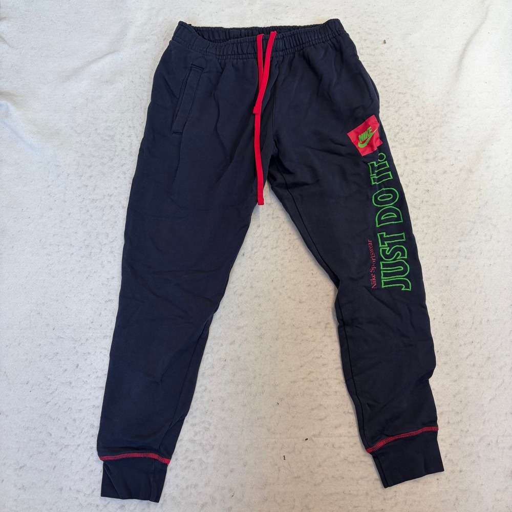 Nike Joggers Mens Medium Navy Blue Just Do It Graphic Red Contrast Stitching